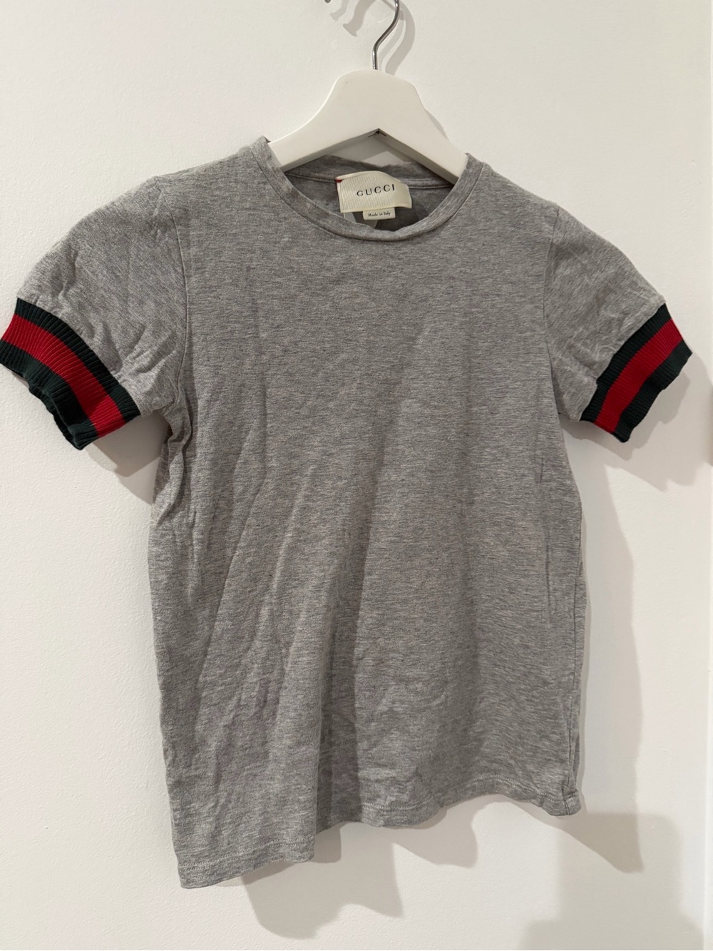 Gucci Gray Tee with Red and Green Cuff Stripes